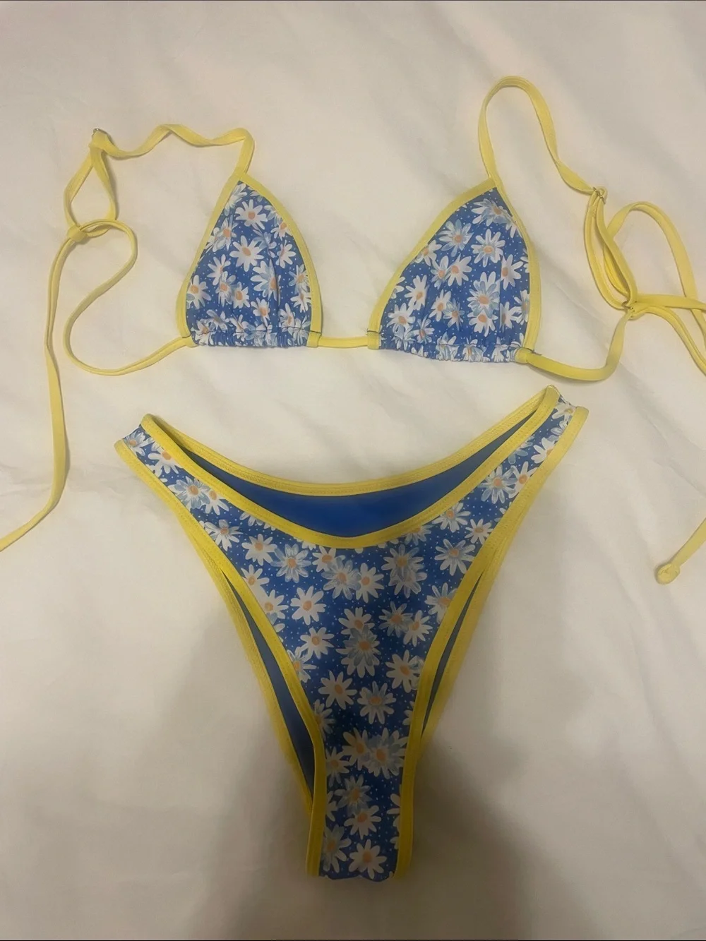 Frankie's Bikinis Blue Daisy Triangle Dove Classic Bikini with Yellow Trim